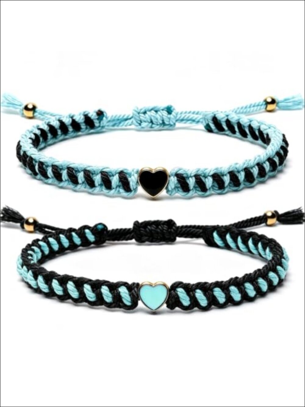 Matching Heart Beaded Bracelet Set of 2 Adjustable Cotton Cord Couples Gift